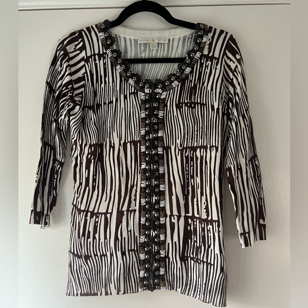 Boston Proper Tribal Animal Print Embellished Cardigan Sweater Brown Multi Small